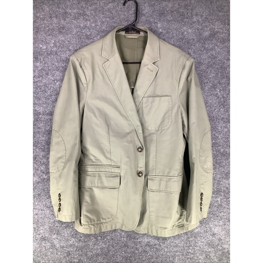 L.L.Bean Men’s Khaki Cotton Blazer Jacket Mesh Lined Elbow Patch Casual 2-Button